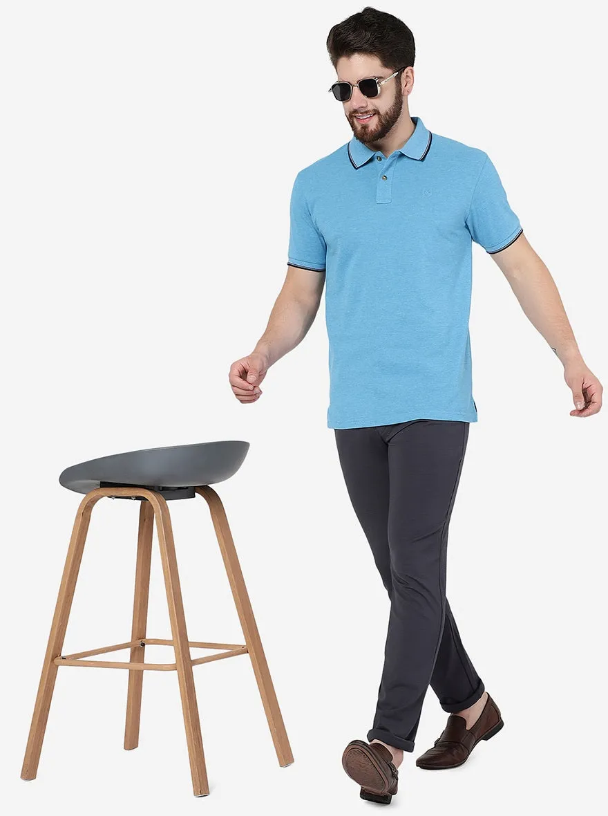 Blue Melange Solid Slim Fit Polo T-Shirt | Greenfibre