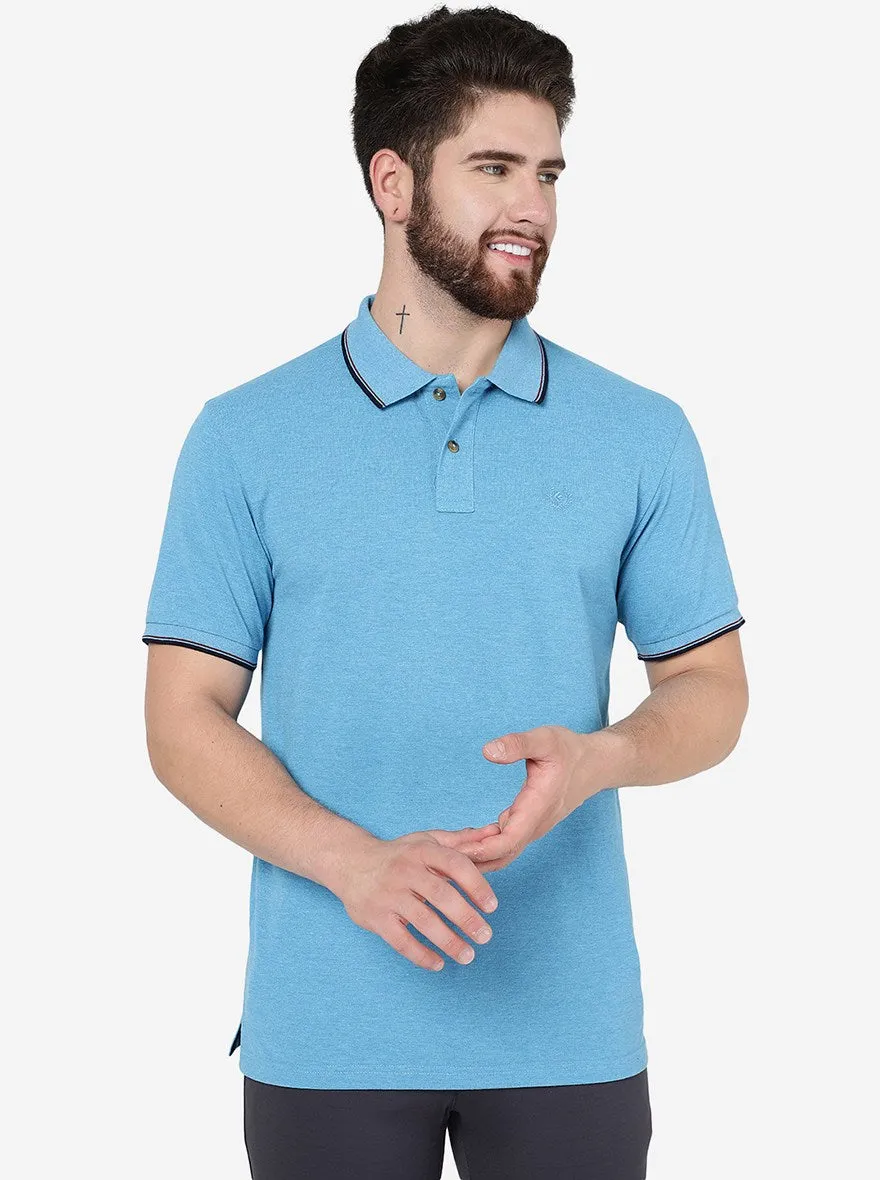 Blue Melange Solid Slim Fit Polo T-Shirt | Greenfibre