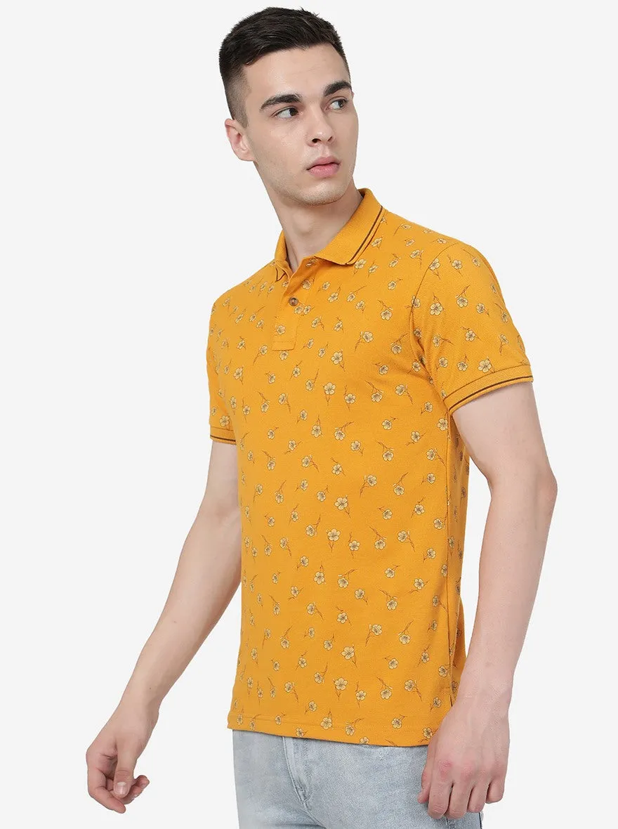 Butterscotch Yellow Printed Slim Fit Polo T-Shirt | Greenfibre