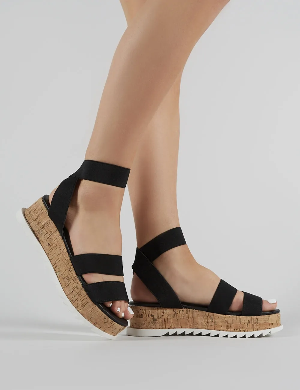 Cassie Elasticated Strappy Flatform Sandals in Black