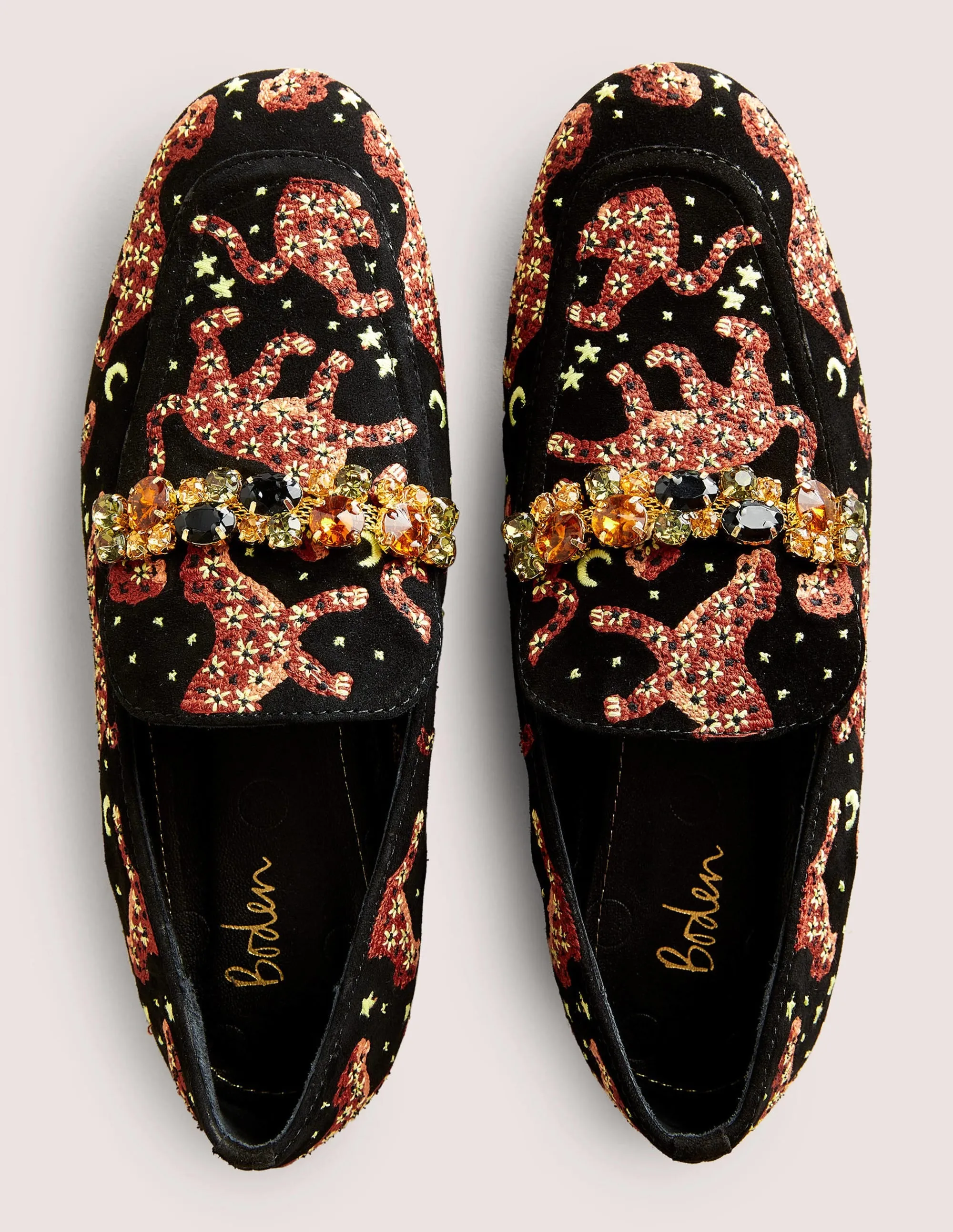 Embellished Trim Loafers-Black Embroidered Cheetah