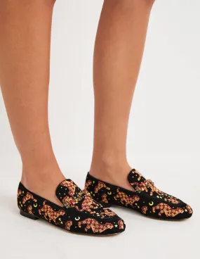 Embellished Trim Loafers-Black Embroidered Cheetah