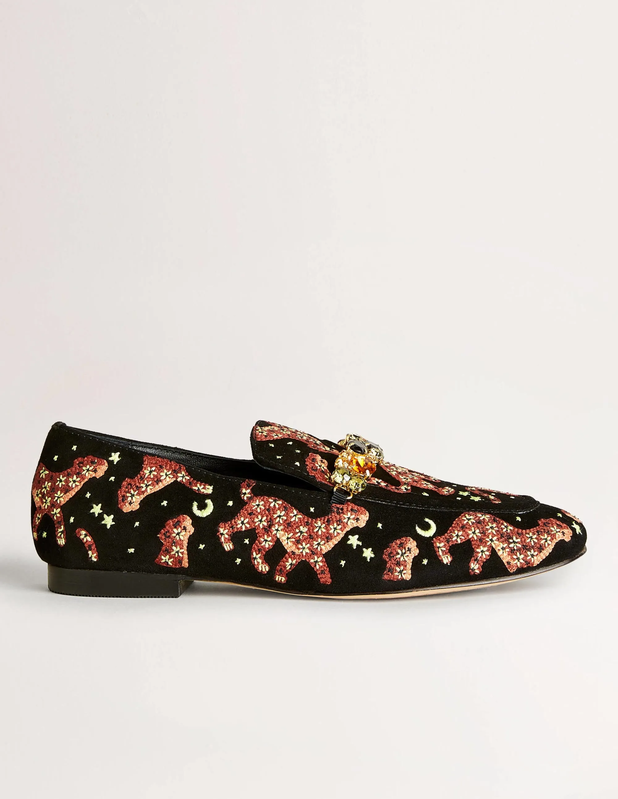 Embellished Trim Loafers-Black Embroidered Cheetah