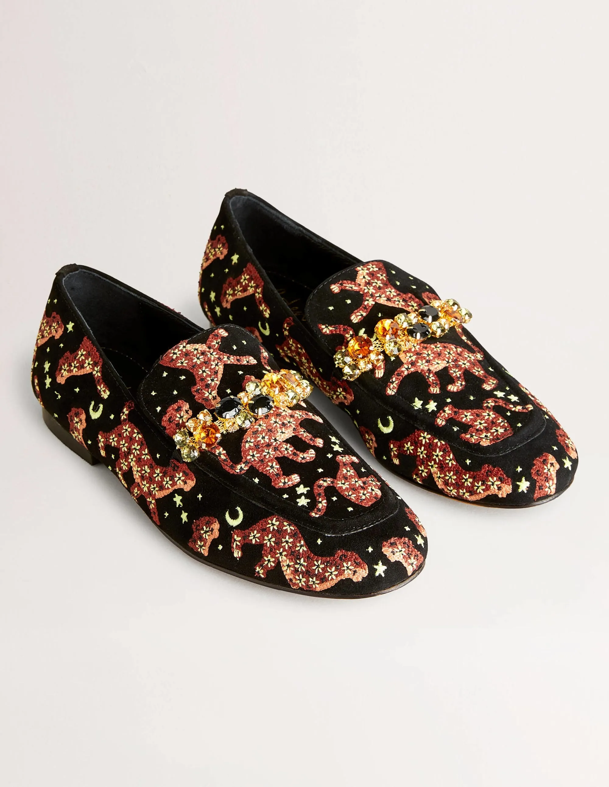 Embellished Trim Loafers-Black Embroidered Cheetah