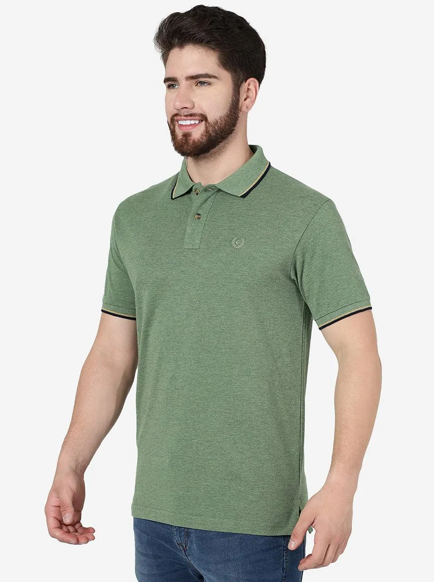 Green Melange Solid Slim Fit Polo T-Shirt | Greenfibre