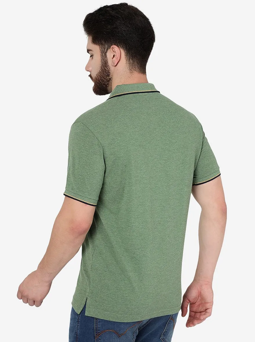 Green Melange Solid Slim Fit Polo T-Shirt | Greenfibre