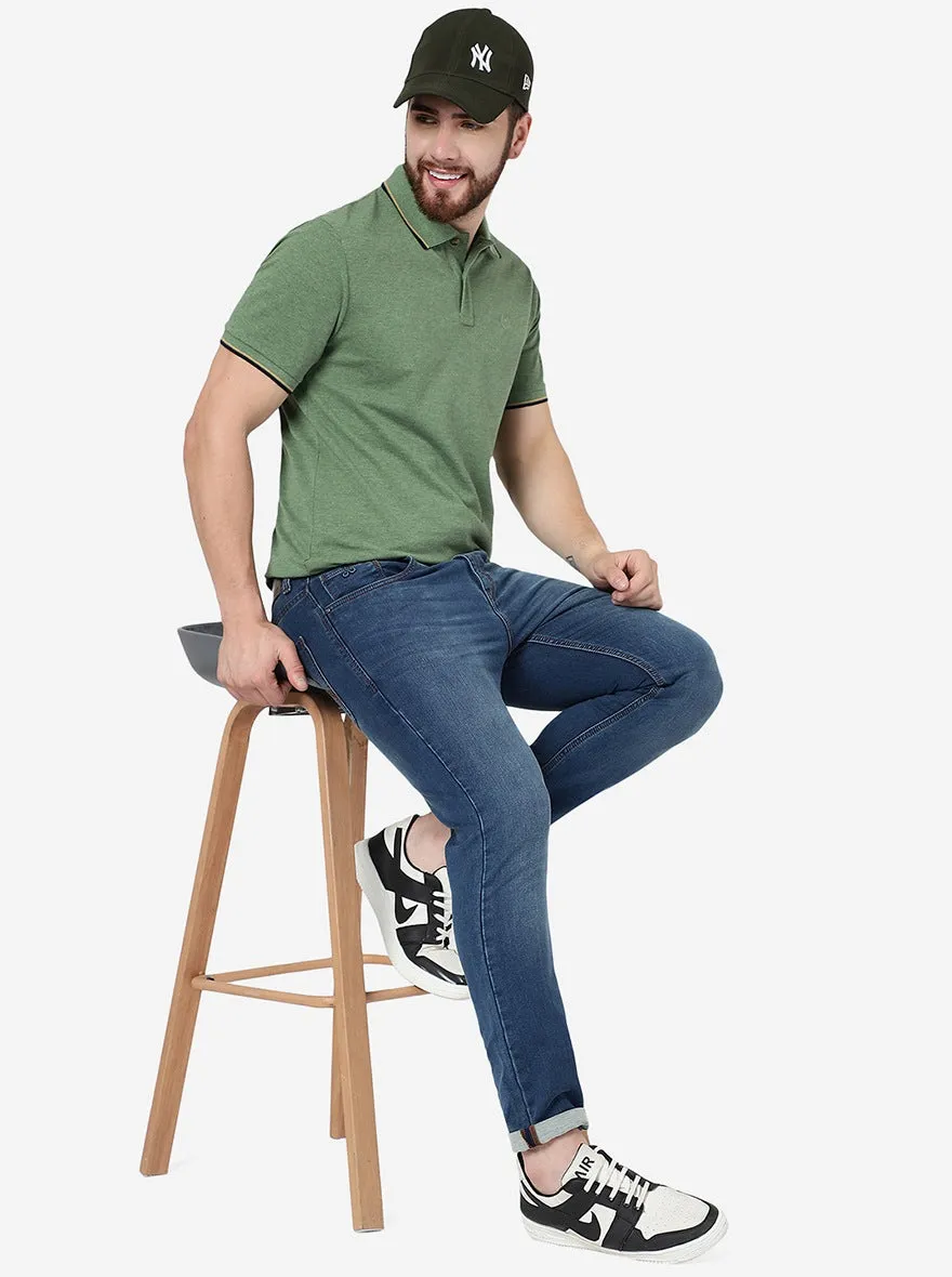 Green Melange Solid Slim Fit Polo T-Shirt | Greenfibre