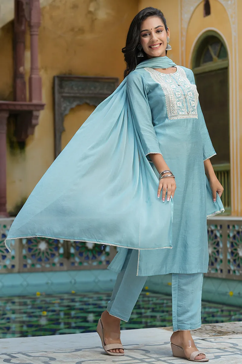 Grey Poly Silk Embroidered Straight Suit Set PKSKD1116