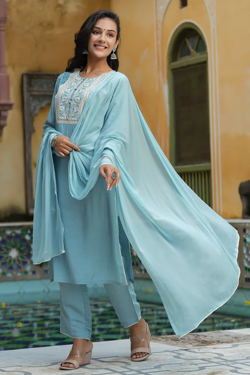 Grey Poly Silk Embroidered Straight Suit Set PKSKD1116