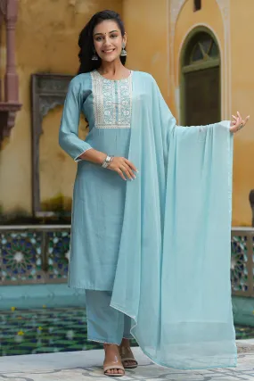 Grey Poly Silk Embroidered Straight Suit Set PKSKD1116