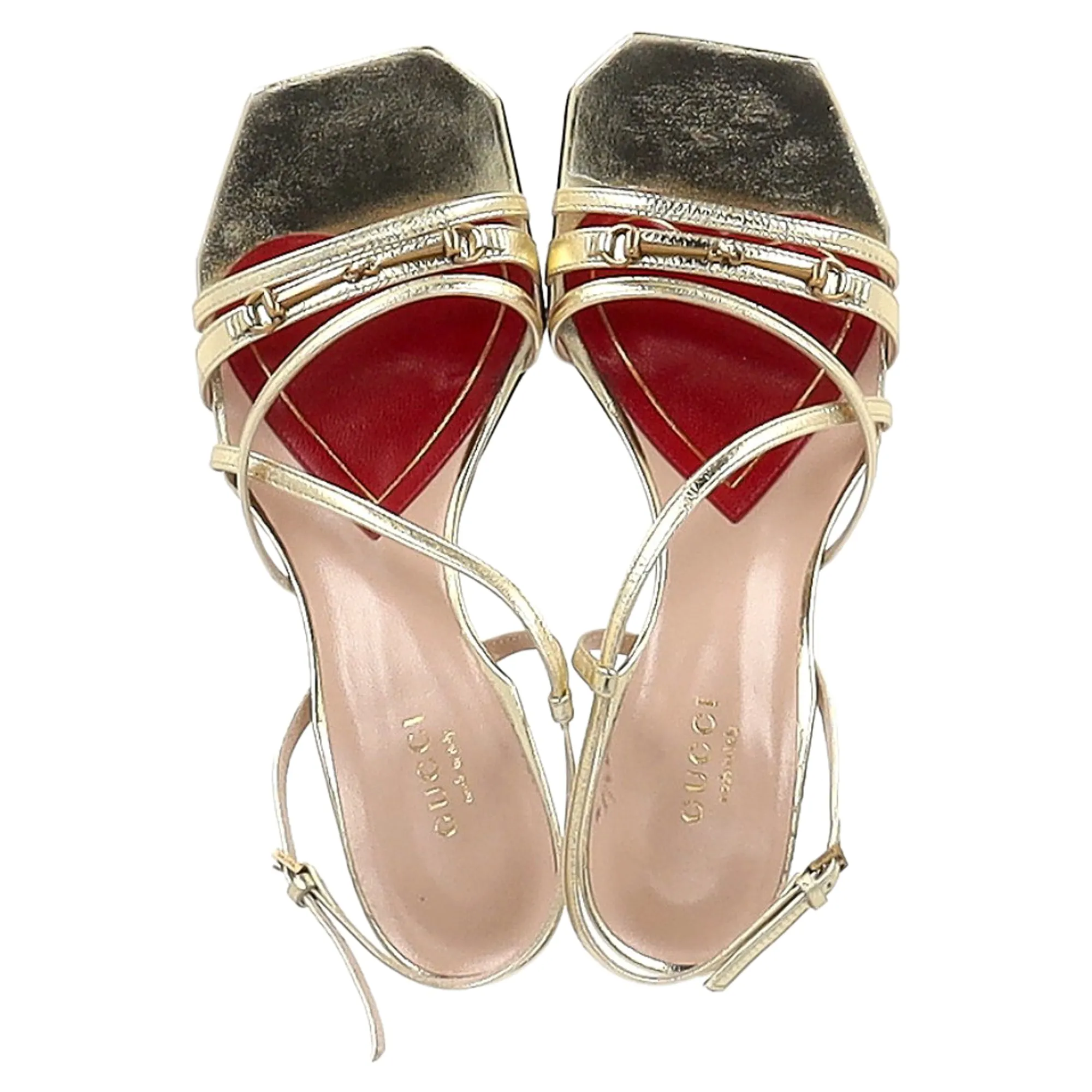 Gucci Horsebit Accent Strappy Sandal Heels in Metallic Gold Leather