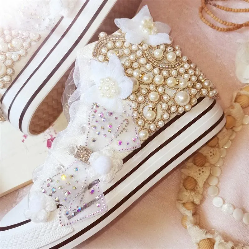 Hand-made Bowknot Pearl Flower Wedding Party Sneakers