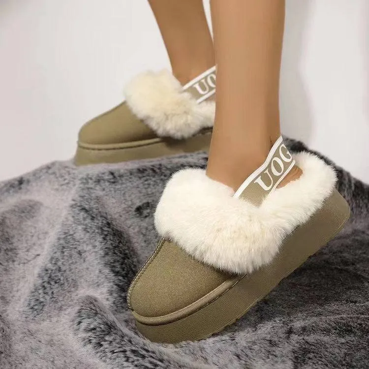 Plush Platform Slippers with Letter Strap