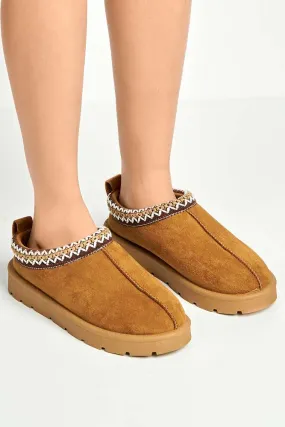 Sigrid Embroidered Faux Fur Lining Slippers in Camel