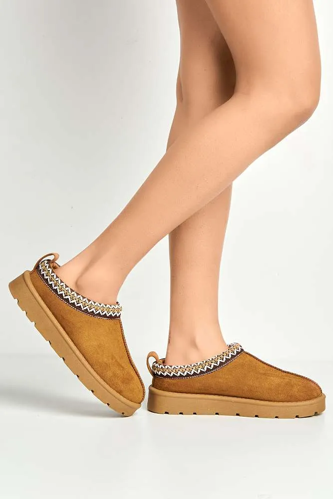 Sigrid Embroidered Faux Fur Lining Slippers in Camel