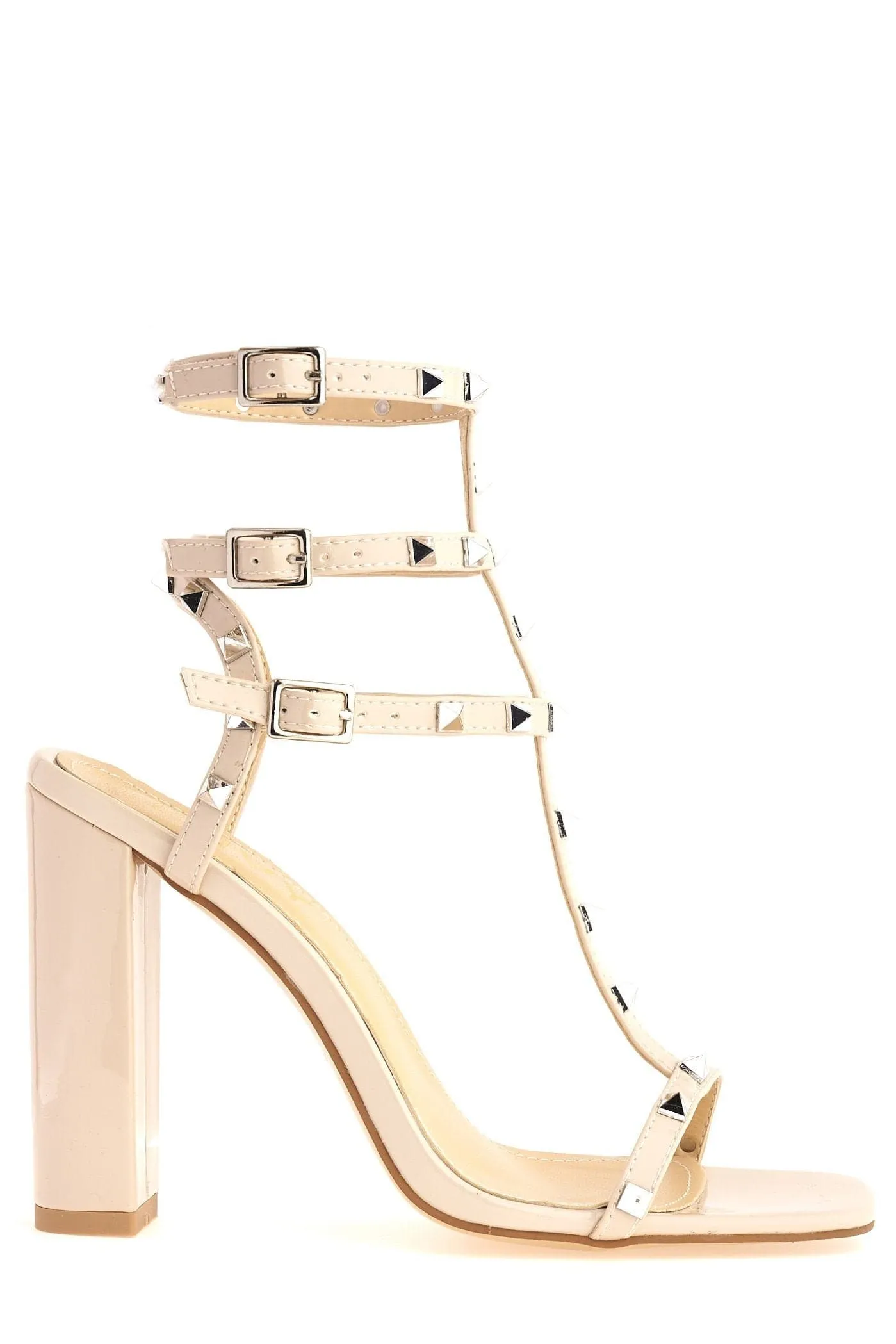 Tessa Studded Strappy High Block Heel Sandal in Nude Patent