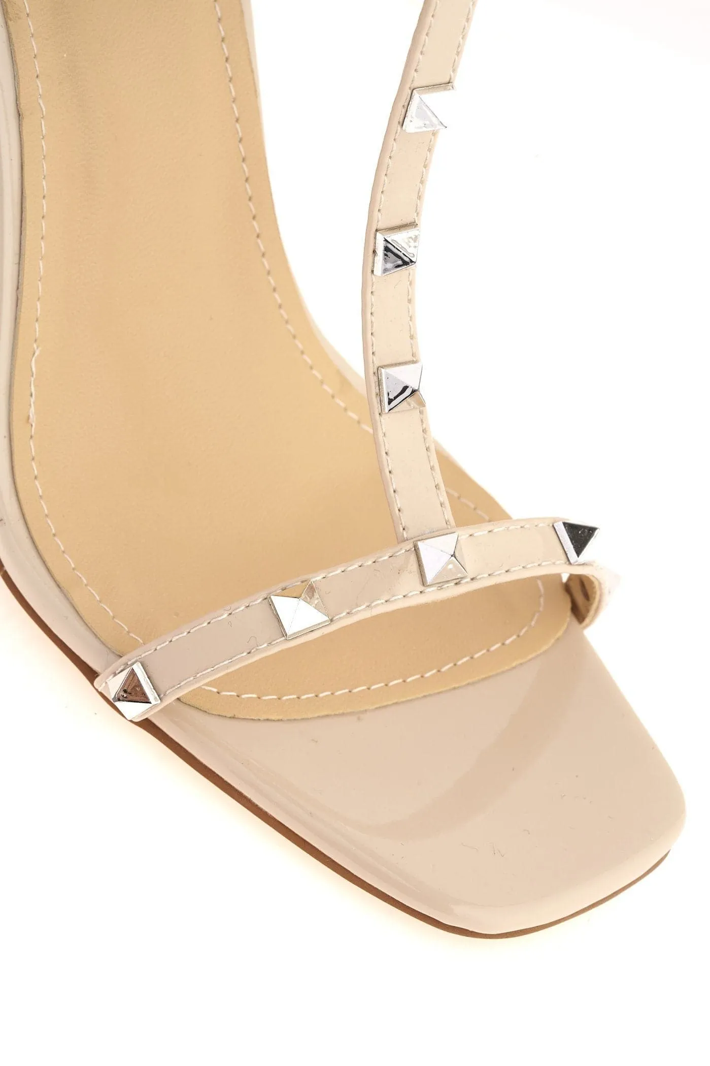 Tessa Studded Strappy High Block Heel Sandal in Nude Patent