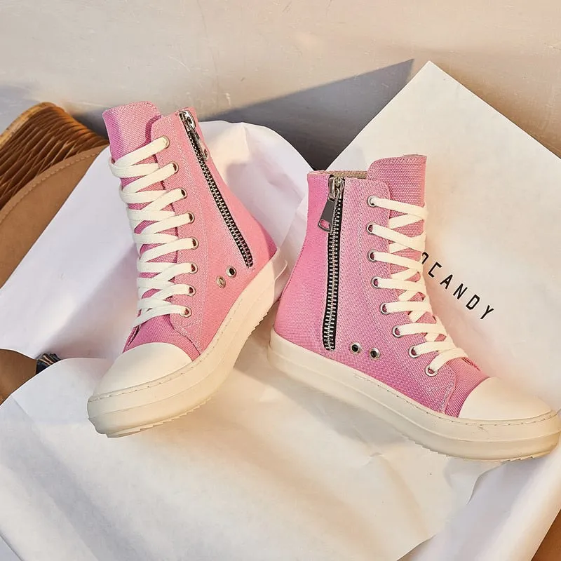 Women High Top Canvas Sneakers Flat Lace-up Pink Vulcanize Shoes For Ladies Fashion Casual Breathable Footwear  New Hotsale