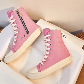 Women High Top Canvas Sneakers Flat Lace-up Pink Vulcanize Shoes For Ladies Fashion Casual Breathable Footwear  New Hotsale